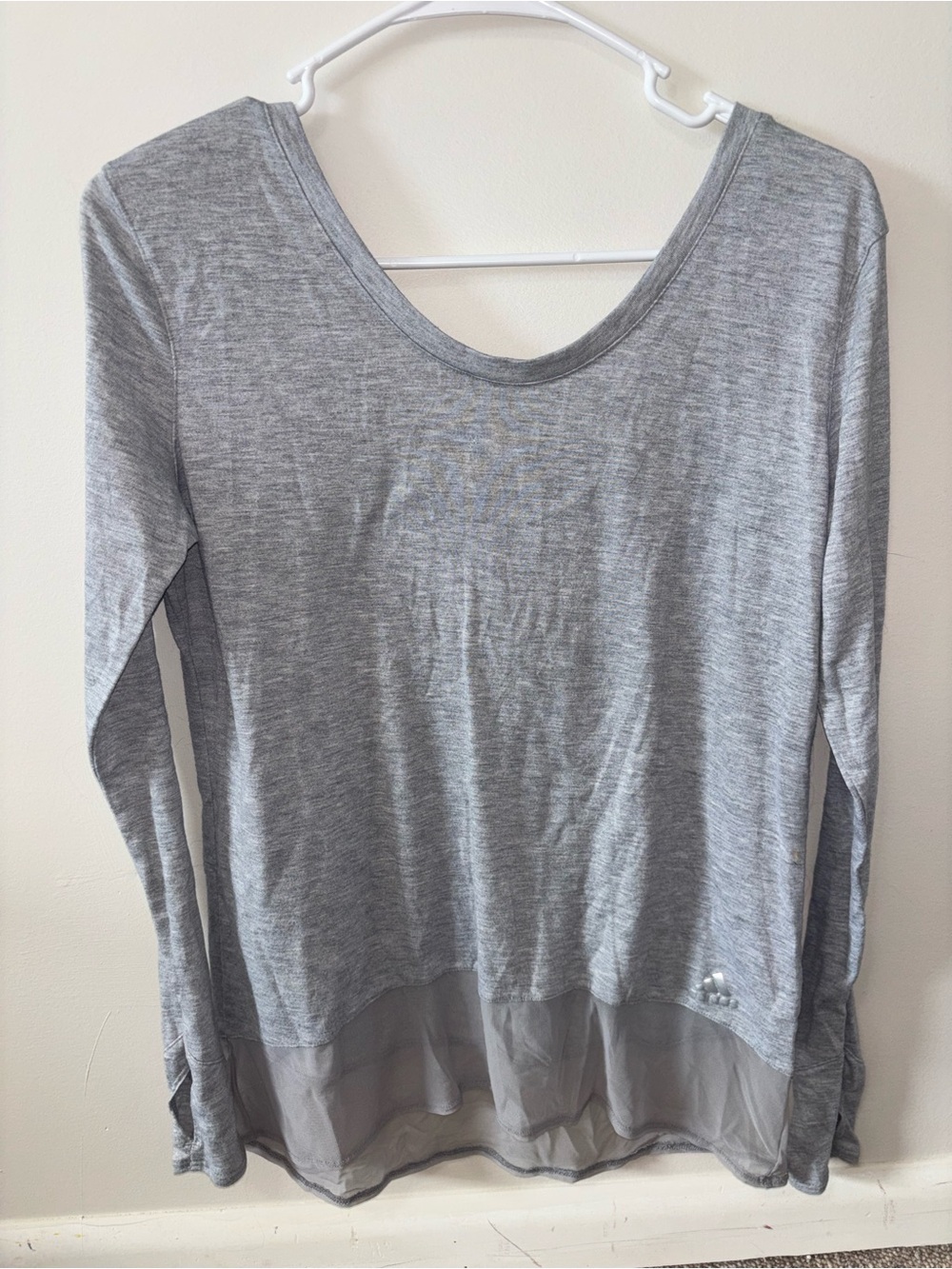 adidas Heather Gray Long-Sleeve Scoop Neck Top with Sheer Hem